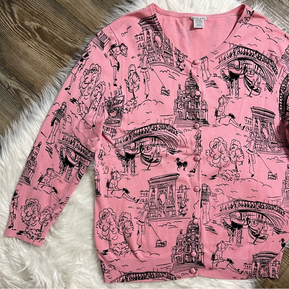 Evelyn Grace Pink European Landmark Print Cardigan
